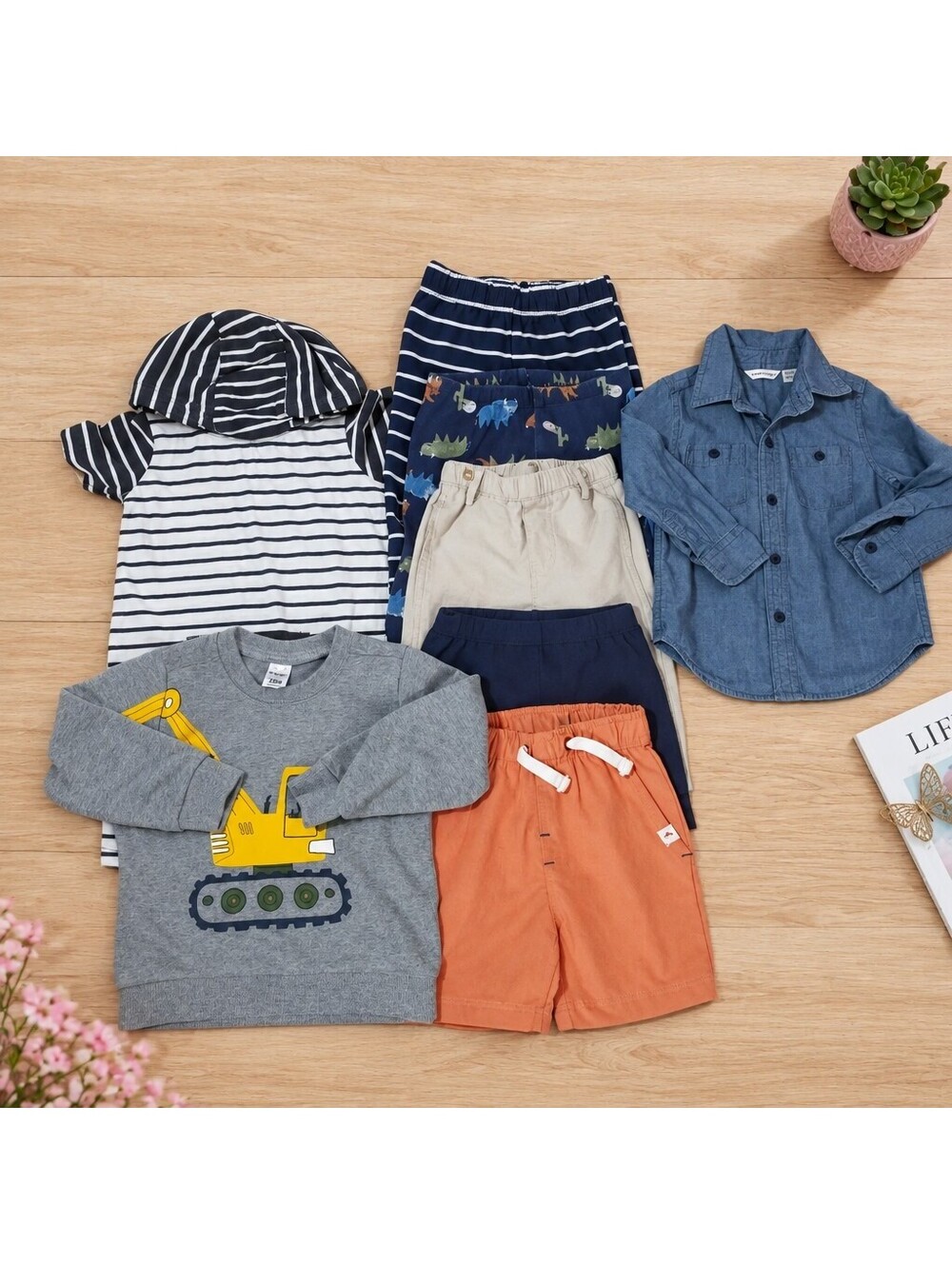 Toddler Boys 7-Piece Clothing Set - Striped Hoodie, Chambray Shirt, Sweater, and